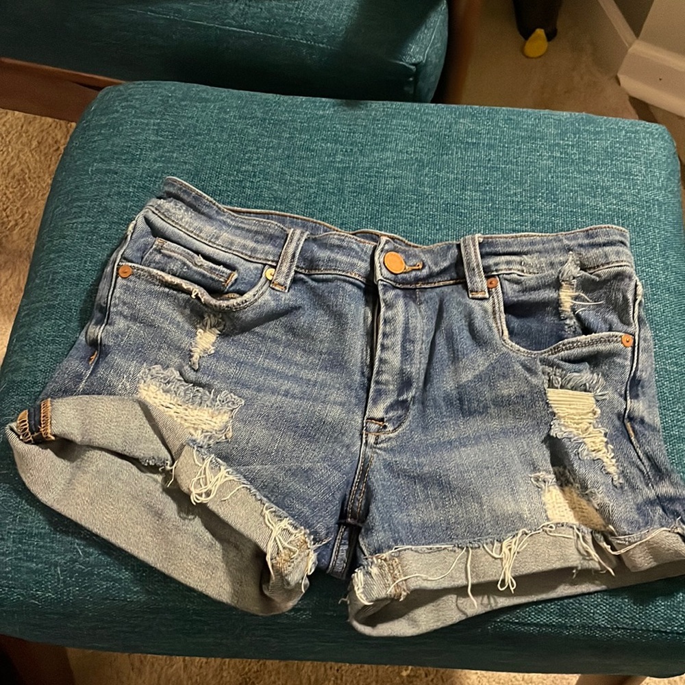 Blank NYC Women’s Denim Jean Shorts Fulton Cuffed Size 27 Distressed Stretch
